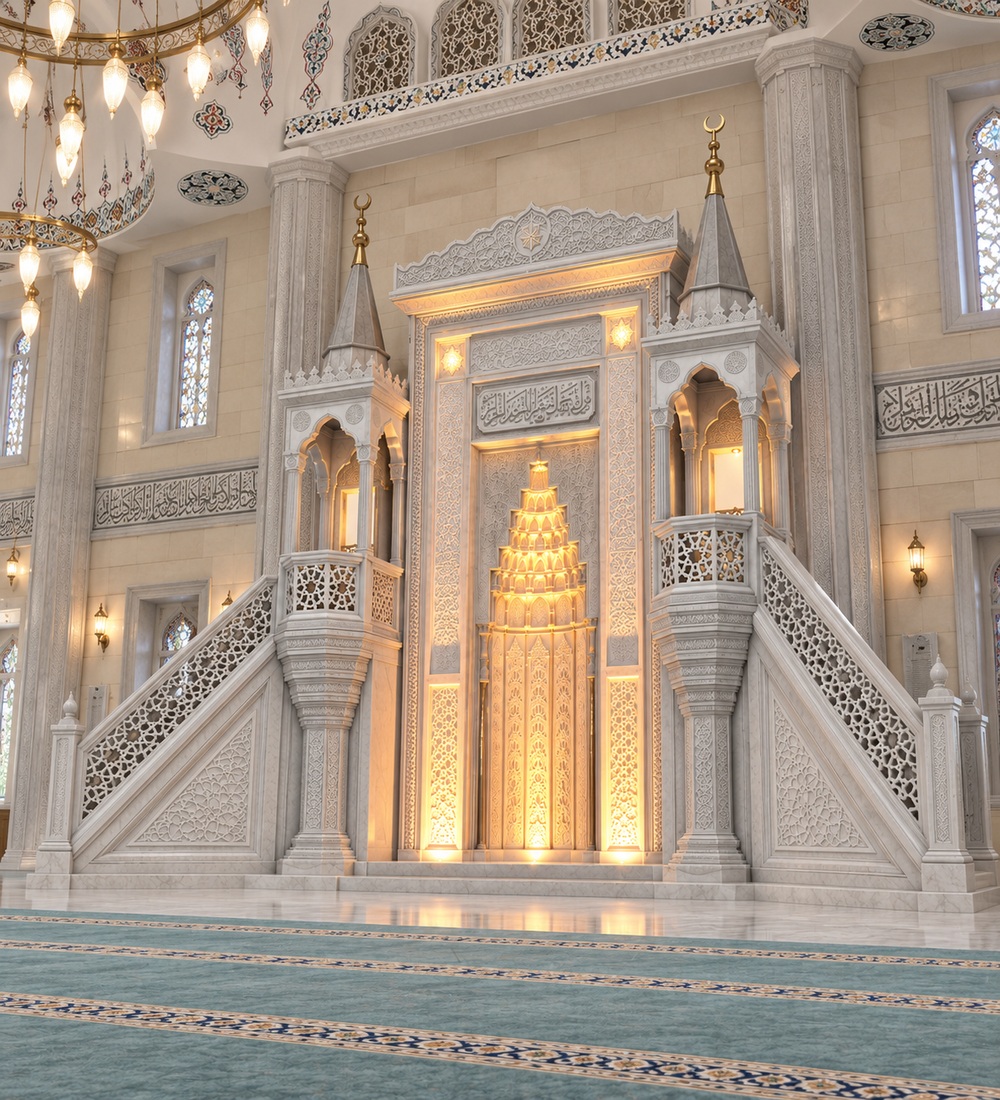 Marble mosque mihrab, minbar and dais set MST-0002 mosque perspective