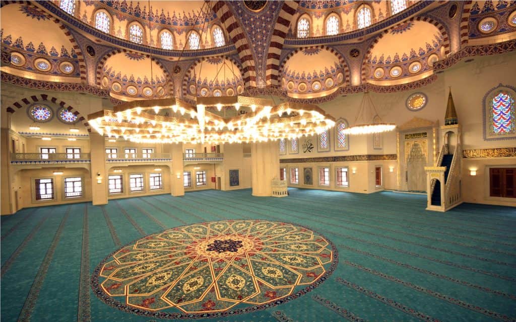 Prayer-Row Mosque Carpet – custom wooden mosque mihrab