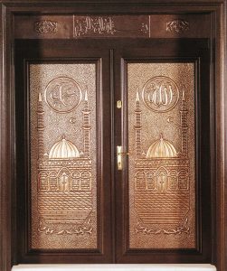 Copper-Clad Metal Mosque Entrance Door – mosque chandelier detail view 1