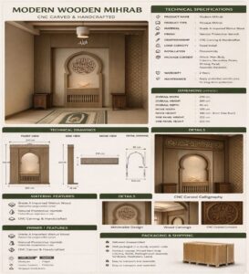 Custom Prayer Room Interior Design – Model PR-0006 – wooden mosque mihrab detail view 2