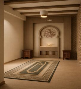 Custom Prayer Room Interior Design – Model PR-0006 – wooden mosque mihrab detail view 3