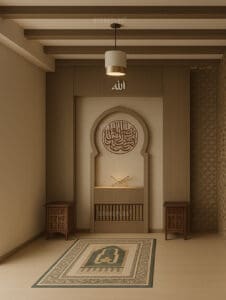 Custom Prayer Room Interior Design – Model PR-0003 – wooden mosque mihrab detail view 1