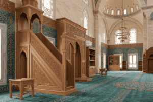 Custom Wooden Mosque Interior Set with Mihrab, Minbar and Bookcase – Model WST-0006 – wooden mosque mihrab detail view 2