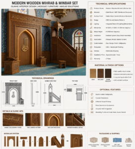Wooden Mosque Mihrab and Minbar Set – Model WST-0003 – wooden mosque mihrab detail view 1