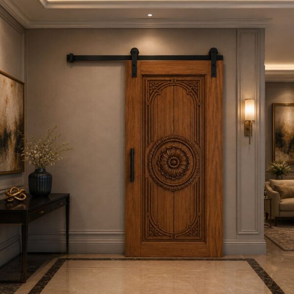 Floral Medallion Walnut Wooden Sliding Door