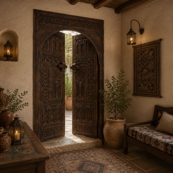 Hand-Carved Dark Walnut Wooden Double Door
