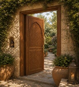 Walnut Single-Leaf Wooden Mosque Door – Model WDR-0013 – handcrafted kundekari mosque door detail view 1