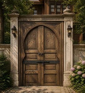 Walnut Double-Leaf Wooden Mosque Door – Model WDR-0012 – handcrafted kundekari mosque door detail view 1