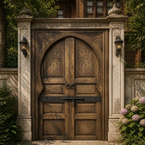 Rustic Arched Walnut Wooden Double Door