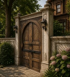 Walnut Double-Leaf Wooden Mosque Door – Model WDR-0012 – handcrafted kundekari mosque door detail view 2