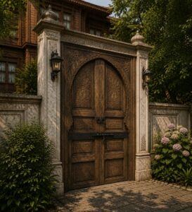 Walnut Double-Leaf Wooden Mosque Door – Model WDR-0012 – handcrafted kundekari mosque door detail view 3