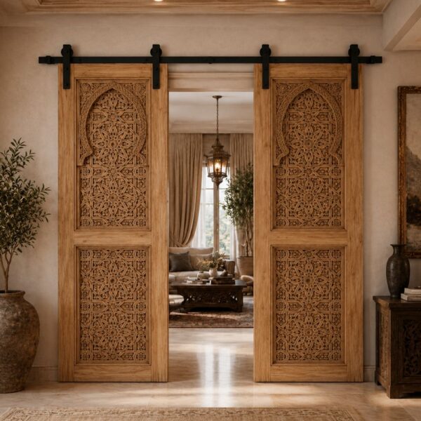 Islamic Pattern Walnut Wooden Double Sliding Door
