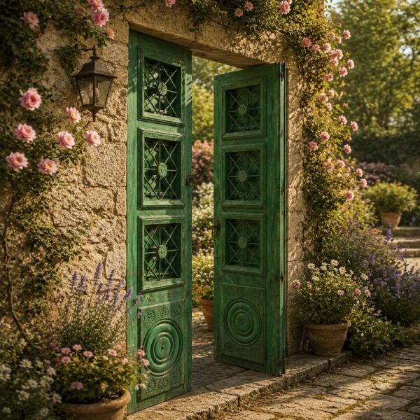 Antique Green Distressed Walnut Wooden Double Door