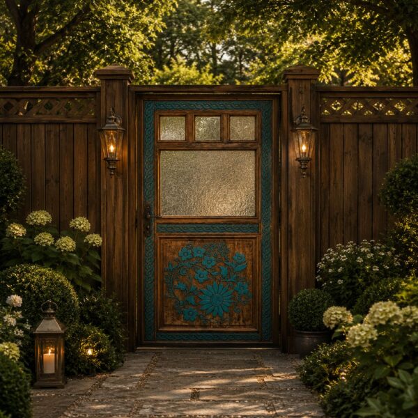 Turquoise Floral Glass Walnut Wooden Door