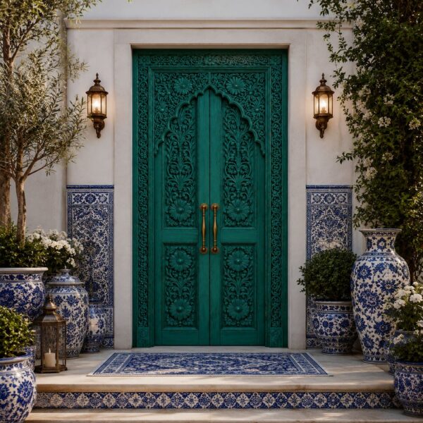 Emerald Green Floral Carved Walnut Wooden Double Door