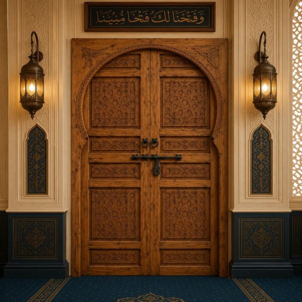 Arched Geometric Pattern Walnut Wooden Double Door
