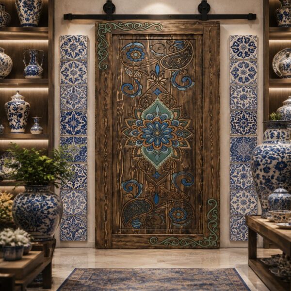 Hand-Painted Floral Motif Walnut Wooden Sliding Door