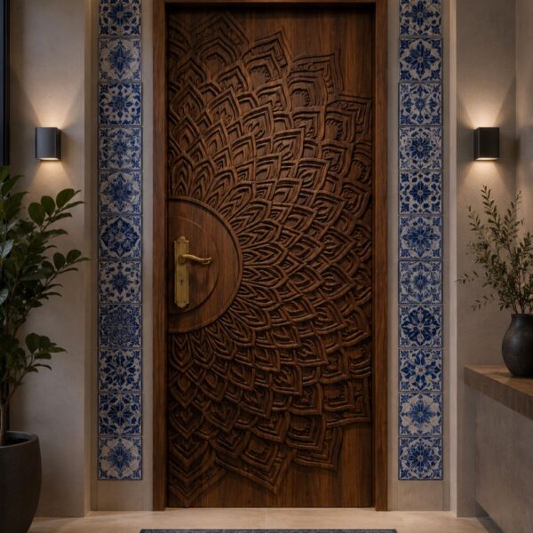Embossed Mandala Pattern Walnut Wooden Single Door