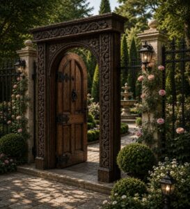 Walnut Single-Leaf Wooden Mosque Door – Model WDR-0014 – handcrafted kundekari mosque door detail view 2