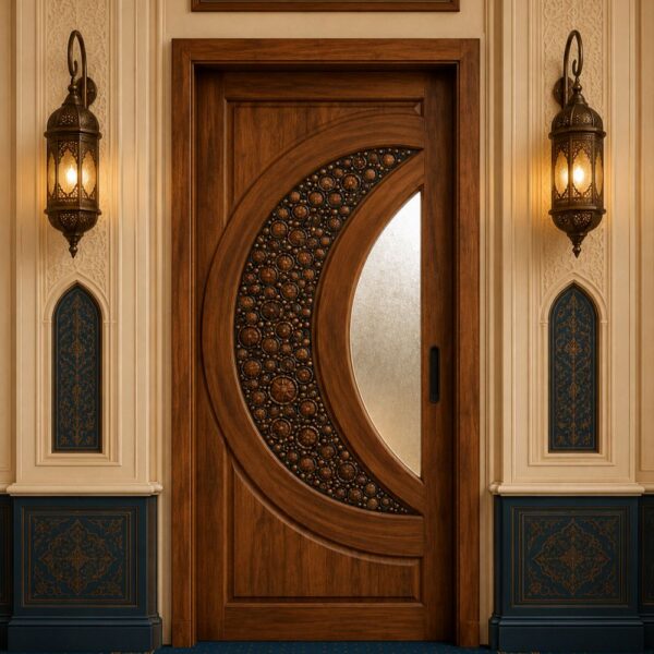 Crescent Glass Detail Walnut Wooden Single Door