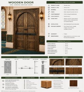 Walnut Double-Leaf Wooden Mosque Door – Model WDR-0012 – handcrafted kundekari mosque door detail view 4