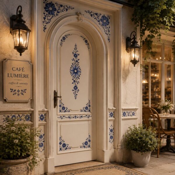 Ivory Blue Floral Arched Decorative Interior Door