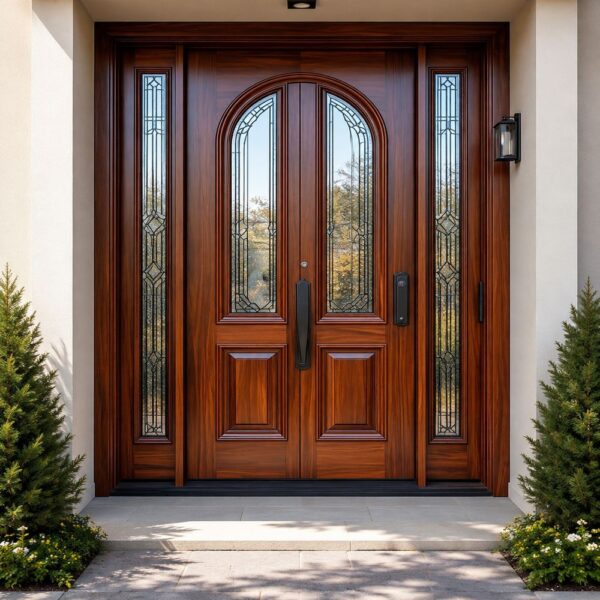 Arched Walnut Glass Double Entrance Door