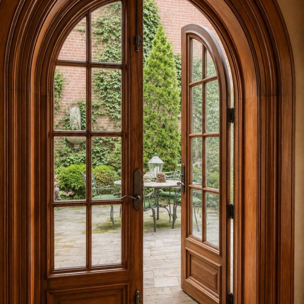 Classic Arched Walnut Glass Double Door