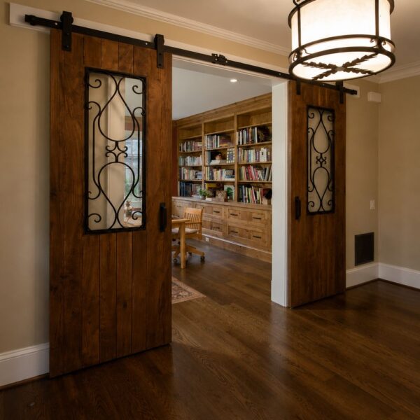 Rustic Walnut Frosted Glass Double Sliding Barn Door