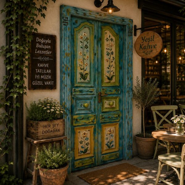 Hand-Painted Floral Distressed Double Wooden Door