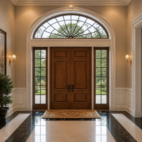 Walnut Double Front Door with Arched Transom