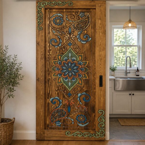 Hand-Painted Floral Paisley Wooden Sliding Barn Door