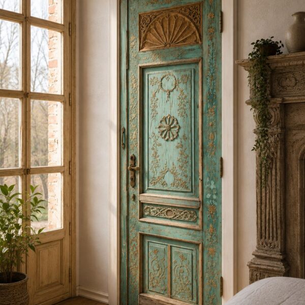 Antique Turquoise Floral Walnut Wooden Single Door