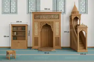 Custom Wooden Mosque Interior Set with Mihrab, Minbar and Bookcase – Model WST-0006 – custom wooden mosque mihrab
