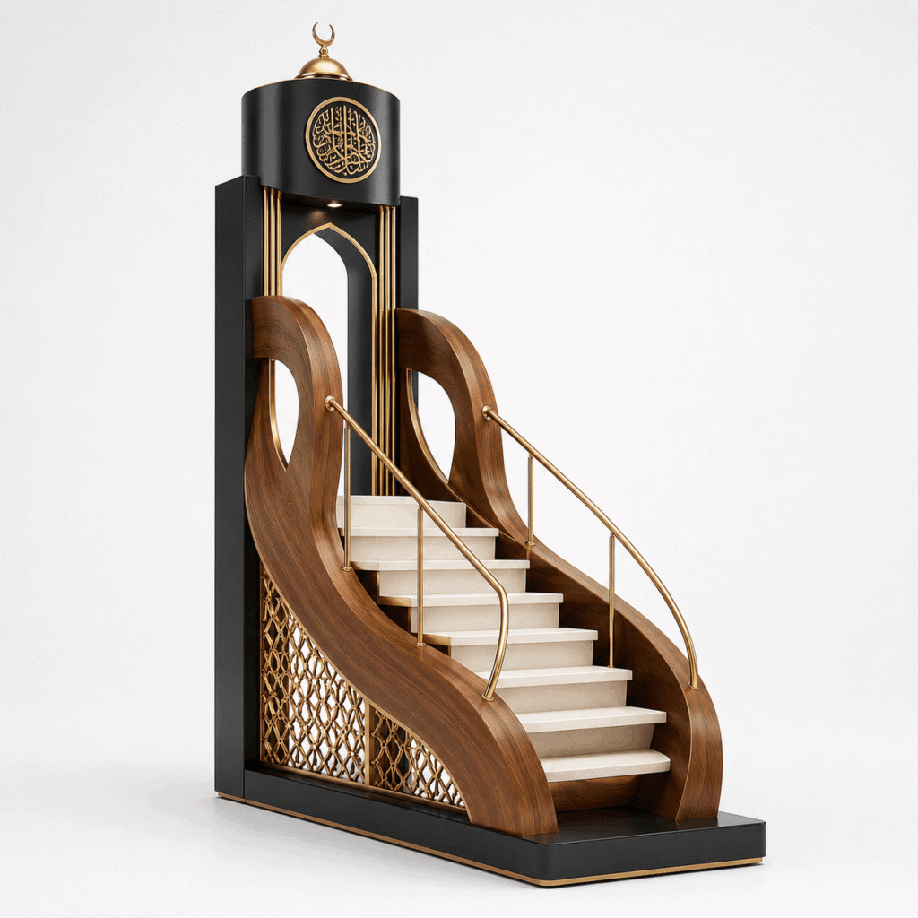 Modern Wooden Minbar and Pulpit – wooden mosque mihrab detail view 1