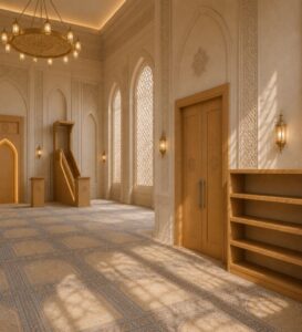 Wooden Mosque Interior Set with Mihrab, Minbar and Door – custom wooden mosque mihrab