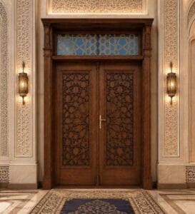 Walnut Double-Leaf Seljuk-Style Wooden Mosque Door – handcrafted kundekari mosque door detail view 5