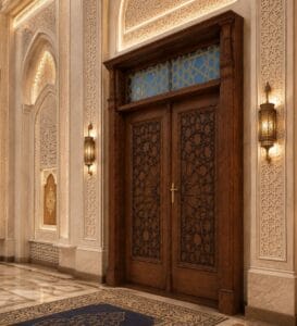 Walnut Double-Leaf Seljuk-Style Wooden Mosque Door – handcrafted kundekari mosque door detail view 4