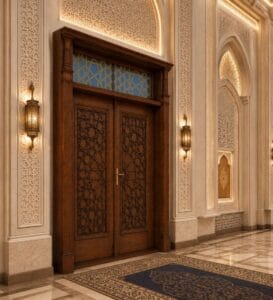 Walnut Double-Leaf Seljuk-Style Wooden Mosque Door – handcrafted kundekari mosque door detail view 3
