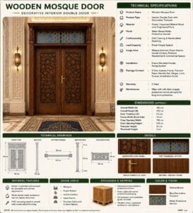 Walnut Double-Leaf Seljuk-Style Wooden Mosque Door – handcrafted kundekari mosque door detail view 2