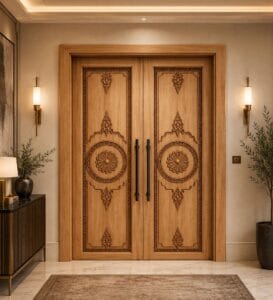 Carved CNC-Carved Walnut Wooden Mosque Door – Model WDR-0071 – handcrafted kundekari mosque door detail view 1