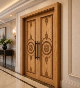 Carved CNC-Carved Walnut Wooden Mosque Door – Model WDR-0071 – handcrafted kundekari mosque door detail view 2