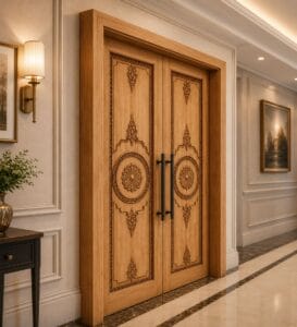 Carved CNC-Carved Walnut Wooden Mosque Door – Model WDR-0071 – handcrafted kundekari mosque door detail view 3