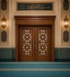 Walnut Double-Leaf Wooden Mosque Door – Model WDR-0073 – handcrafted kundekari mosque door detail view 1