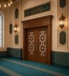 Walnut Double-Leaf Wooden Mosque Door – Model WDR-0073 – handcrafted kundekari mosque door detail view 2