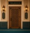 Walnut Single-Leaf Wooden Mosque Door – Model WDR-0075 – handcrafted kundekari mosque door detail view 1