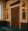 Walnut Single-Leaf Wooden Mosque Door – Model WDR-0075 – handcrafted kundekari mosque door detail view 2
