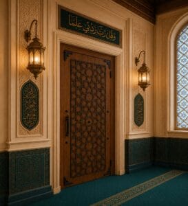 Walnut Single-Leaf Wooden Mosque Door – Model WDR-0075 – handcrafted kundekari mosque door detail view 3