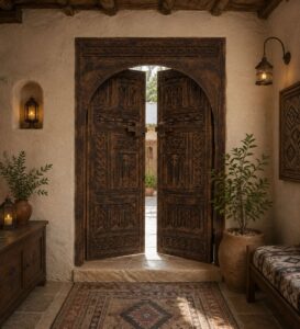 Carved Walnut Double-Leaf Wooden Mosque Door – Model WDR-0062 – handcrafted kundekari mosque door detail view 1