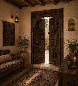 Carved Walnut Double-Leaf Wooden Mosque Door – Model WDR-0062 – handcrafted kundekari mosque door detail view 3
